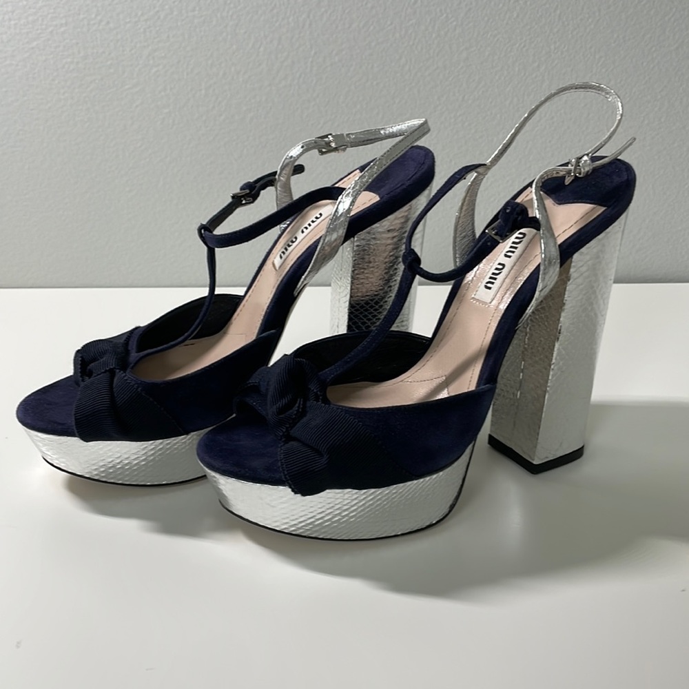 Miu Miu Suede/Leather/Fabric Platform w/Ankle Straps.  Size  37 EUC